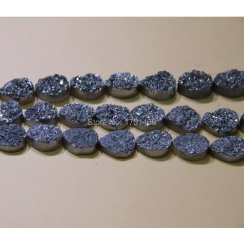 Titanium Black Druzy Face Necklace Oval Flat Beads Pendants, Top Drilled Drusy Charms Quartz Coin Slab Beads for Women Jewlery