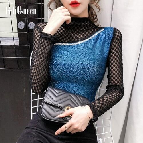 Streetwear Diamond Women T Shirts Transparent Hollow Out Sexy Lace Tshirt Long Sleeve Tops Blusas Mujer De Moda 2020 Plus Size