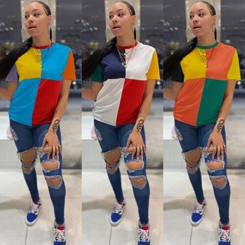 Echoine Summer O-neck Color Patchwork Short Sleeve Tshirt Women Casual Loose Tee Tops Vintage T-Shirts Tops 2021 Streetwear