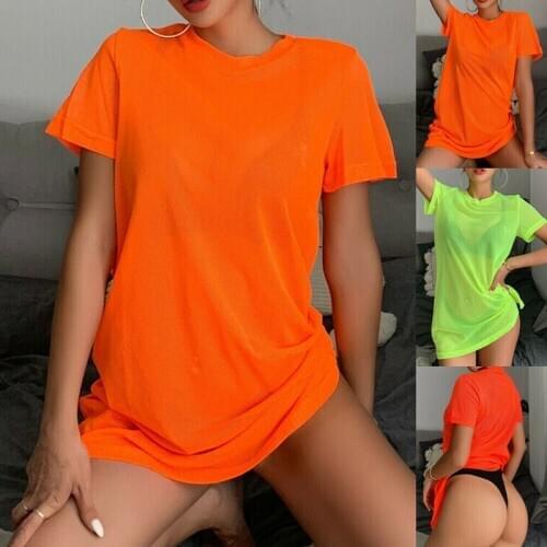 2021 Summer Sexy See Through T-Shirt Women Short Sleeve Loose Solid Mesh Long Top Dress Beach Bathing Bikini Cover Up Swimwear