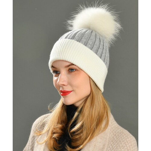 MAOMAOFUR Winter Beanie Hat Real Fur Pompom Hats Women Cashmere Wool Knitted Bonnet Fur Ball Beanie Cap Big Raccoon Fur Pompom