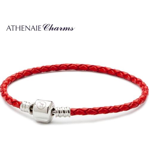 ATHENAIE 925 Sterling Silver Red Single Braided Leather Bracelets Snap Clasp Bracelet Fits All European Women Charms Beads
