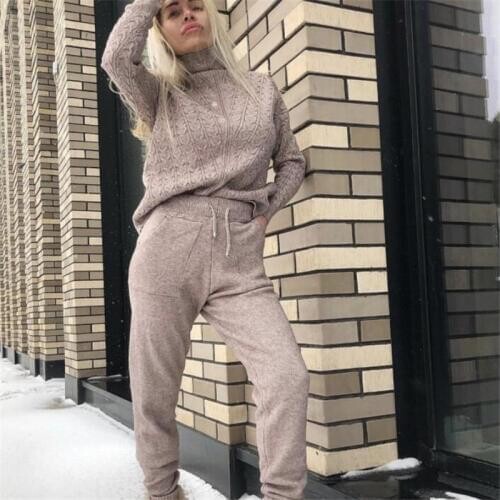 Womens Knit Two-Piece sets Sweater Pants Sports Set Turtleneck warm sweater tops Frenulum trousers outdoor suit free Sportswear