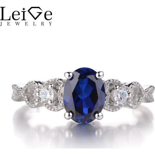 Leige Jewelry Oval Sapphire Ring Women Sterling Silver 925 Jewelry Engagement Wedding Rings Blue Gemstone September Birthstone