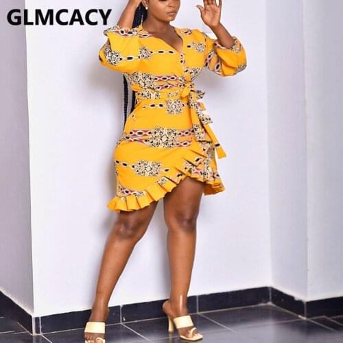 Women Long Sleeve V Neck Chain Printed Ruffles Mini Dress