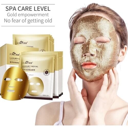 FONCE Gold Facial Mask 5 pieces Moisturizing Stay Up Late First Aid Repair Fades Fine Lines Anti wrinkle Foil Gold Facial Mask