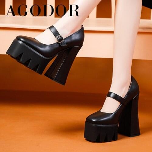 AGODOR Square Toe Women Shoes Extreme High Heels Platform Thick Heel Pumps Buckle Dress Footwear Female Spring White Big Size 43