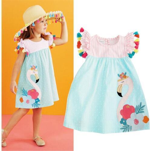 Toddler Kids Girls clothes round neck short sleeve Tassel striped Flamingo print Summer Baby Casual Mini Dresses one pieces