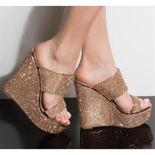 Dipsloot Summer Sliver Yellow Champagne Color Bling Rhinestone Crystal Wedge Sandals Female Super Platform Slip On Slippers