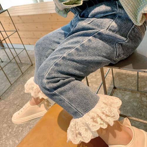 Girls Jeans baby 2021 new autumn trousers baby lace lace pants childrens versatile pants