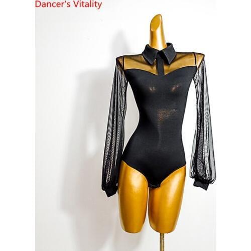 Latin dance Female Adult Sexy Body Suit New Waltz Dancewear Tango Dancing Mesh Long Sleeve Onesies Profession Practice Clothes