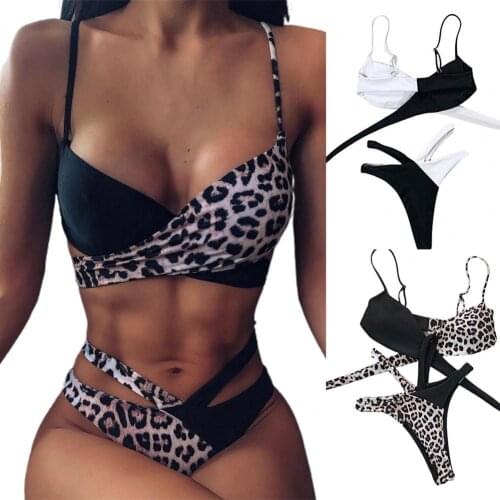 Leopard Print Padded Two Pieces Cross Band High Waist Swimsuit Bikini Set for Summer