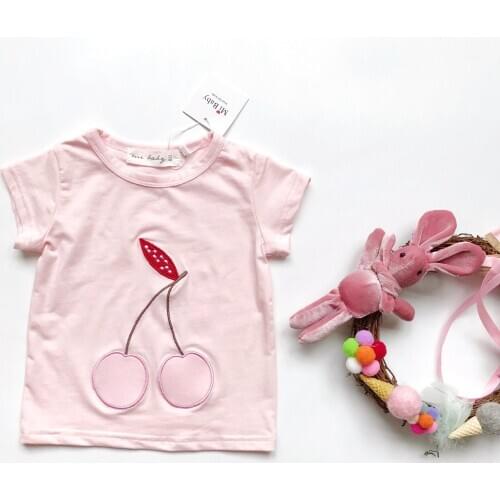 Summer Girls Thin Audell Cotton Cherry Embroidered Short Sleeve Top Cute Fruit T-shirt Soft clothes