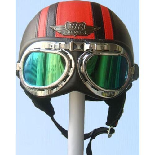 New Arrival TOP Quality Black / Red Leather Half Face Motorcycle Scooter Vespa Biker Helmet with Goggles/Visor S M L XL