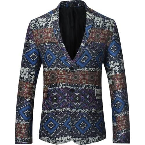 Mens National Style Print Blazer Jacket 2020 Brand Slim Fit Single Breasted Men Suit Jacket Party Festival Stylish Blazer Hombre
