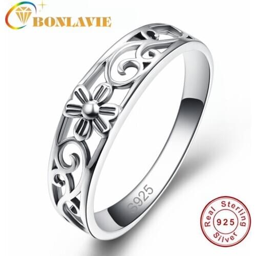 BONLAVIE 925 Silver Ring Hollow Flowers Pattern Wedding Engagement Rings for Woman Man with Full Size 6/7/8/9