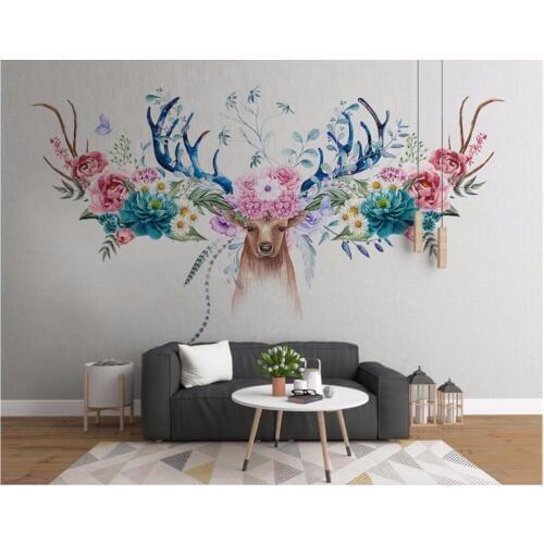 Custom photo 3d wallpaper on wall Simple European flower deer head Home decor painting 3d wall murals wallpaper for living room