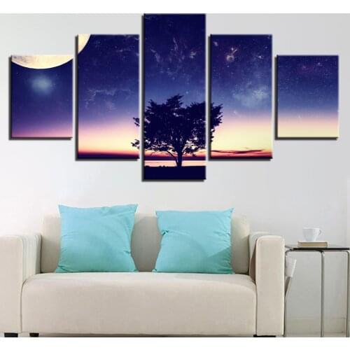 Canvas Printed Posters Living Room Wall Art 5 Pieces Fantasy Moon Tree Night Sky Paintings Scenery Pictures Modular Home Decor