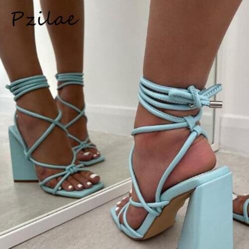 Pzilae New Summer Blue White Women Sandals Fashion Cross-Tied Strange High Heels Shoes Sexy Lace-Up Party Pumps Shoes Size 41 42