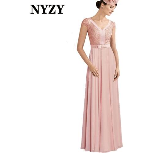 NYZY M395 Chiffon Lace Short Sleeves Pink Mother of the Bride / Groom Dresses 2021 Long Wedding Guest Party Prom Evening Gowns