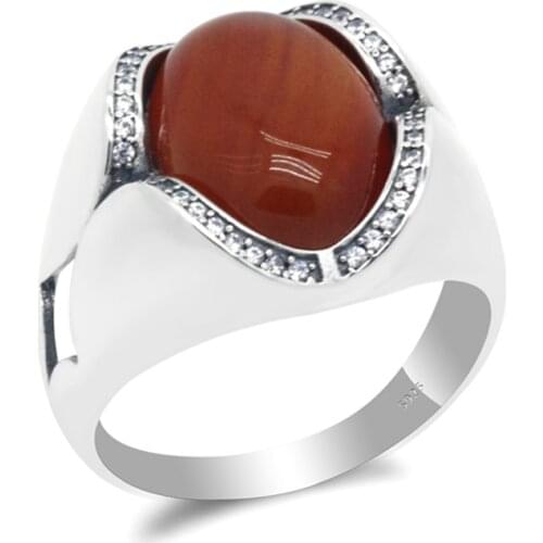 Turkish Handmade Jewelry 925 Sterling Silver Men Ring with Red Agate Stone Ring Thai Silver Ring for Male Women Jewelry Gift