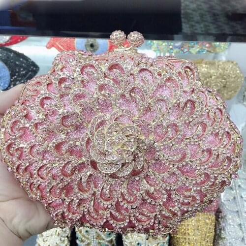 WHTUHENG Pink Rhinestone Gold Metal Flower Clutch Fashion Lady Diamond Evening Bags Handbags Female Crystal Mini Chain Clutches