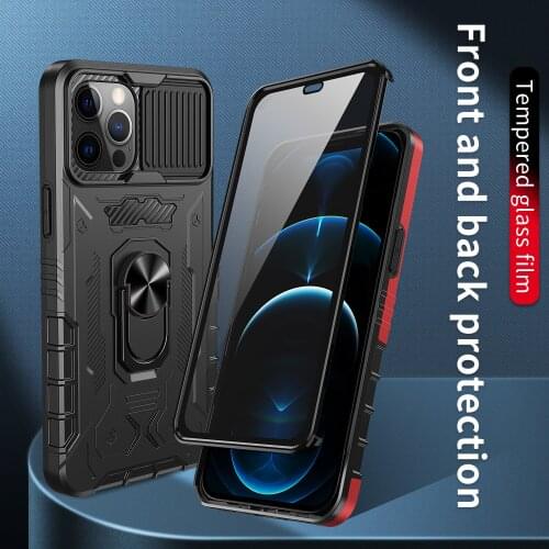 Military Grade Protection Ring Kickstand Phone Cases with Glass Screen Protector for iPhone 13 12 11 Pro XS Max Shockproof Cover
