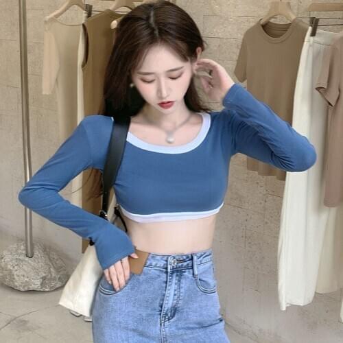 Autumn T-shirt Fashion Wild U Neck Knitted Colorblock T Shirt Sexy Slim Long Sleeve Crop Tops One Size