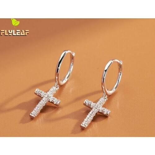 Real 925 Sterling Silver Zircon Cross Hoop Earrings For Women Fashion Female Luxury Jewelry Girl Student Accessories Flyleaf New