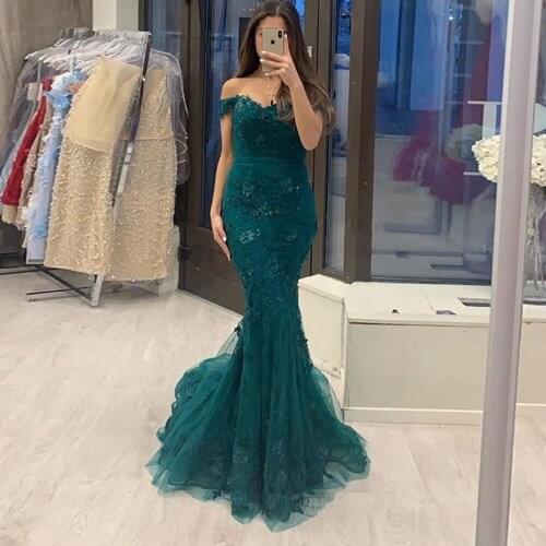 Green Mermaid Lace Evening Dresses sweetheart Party Elegant 2021 Off The Shoulder Prom Gown Detachable Train 2 in 1 Long Dress