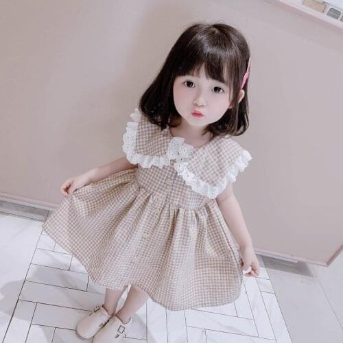 2021 Summer Casual Dress Baby Girls Lace Sleeveless Kids Princess Dresses Kids Dresses Cute Little Girl Plaid Clothes