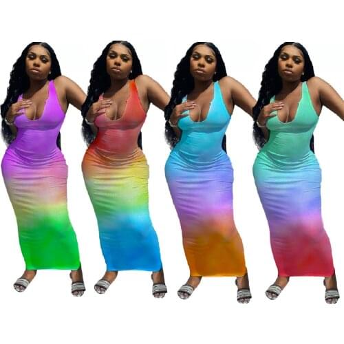 2021 Summer New Style Blue Fashion Sexy Gradient Printing Basic V-Neck Vest Dress Womens Clothing