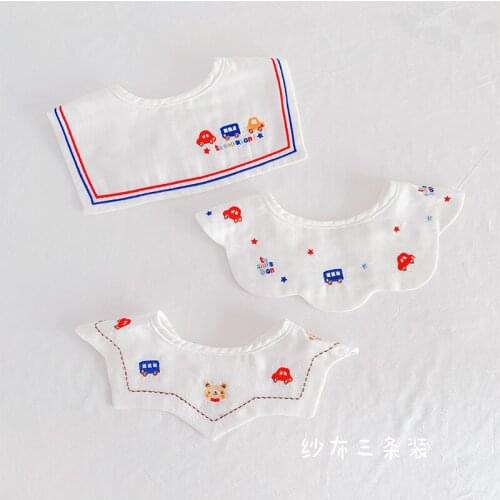 3Pcs Set Nordic Cute Cartoon Cotton Bibs For Newborn Babies With Embroidery Cars Boy Girl Drooling Pocket Children Accessories
