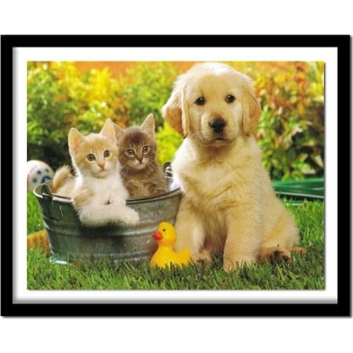 5D DIY Diamond Painting Embroidered Dogs and Cat Full Circle Diamond Cross Stitch Diamond Home Decoration YZ343