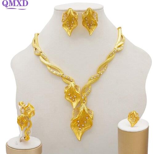 Big Size Jewelry Sets free shipping African Gold Women Necklace Leaf design Bracelet Earrings