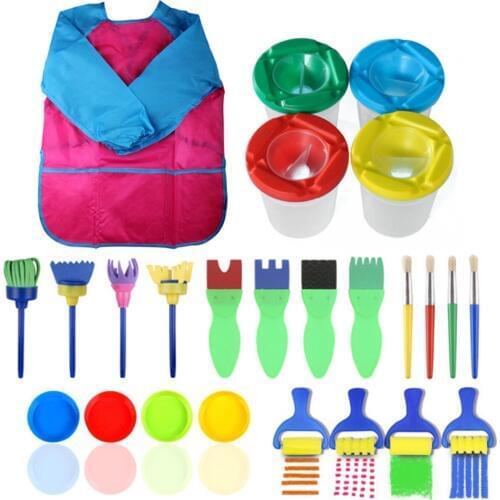 25pcs/Set Kids Children Sponge Paint Brushes Drawing Tools Brushes Washing Buckets Waterproof Apron