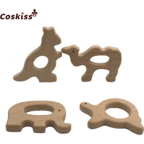 DIY Baby Teether Toys Organic Natural Beech Wooden Elephant Kangaroo-Camel-Tortoise Hand Cut Toy Baby Wooden Teether Gift