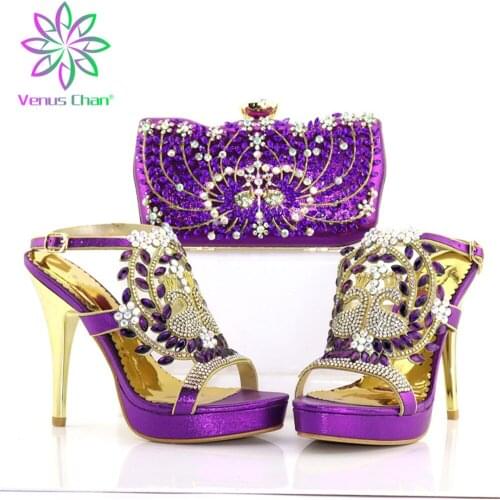 Elegant Sandals Style 2021 INS Hot Sale Italian Women Shoes Matching Bag in Purple Color Classics Comfortable Heels for Party