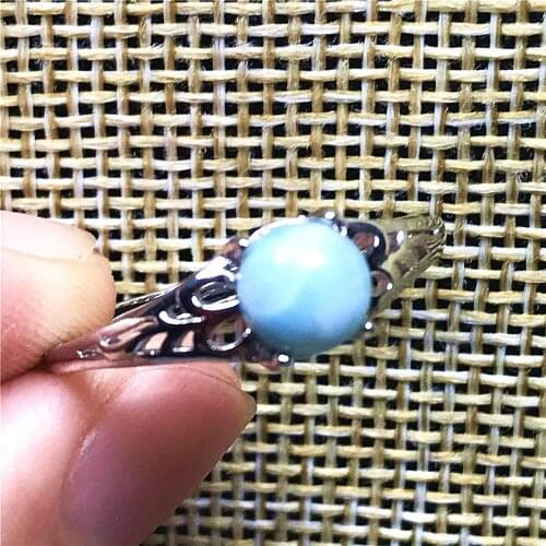 6mm Top Natural Blue Larimar Ring Jewelry For Woman Lady Man Silver Beads Dominica Water Pattern Gemstone Adjustable Ring AAAAA