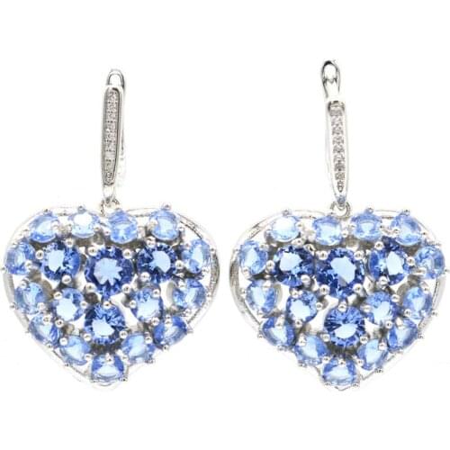 37x27mm Beautiful Heart Shape 16g Created Violet Tanzanite Pink Kunzite Woman 925 Sterling Silver Dangle Earrings Daily Wear