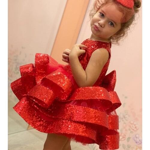 Red Sleeveless Girl Dresses Sequins Tiered Skirt Girls Pageant Dress First Birthday Party Dresses with Bow