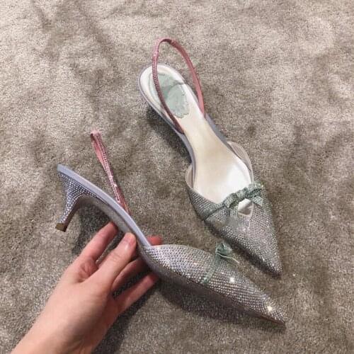 Summer new style rhinestone pointed toe stiletto hollow bridal wedding shoes mid-heel banquet dress all-match female sandals