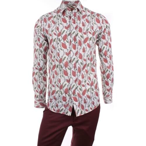 Gentilbay Mens Leaf Flower Pattern Digital Printed Cotton Red Slimfit Long-Sleeve Sport Classic Shirt DPD102