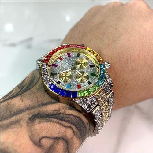 Men Watch Luxury Brand Mens Gold men Watch Quartz Clock Chronograph colorful Diamond Steel Iced Out Watch