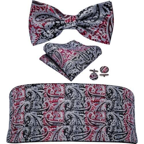 Barry.Wang Silk Paisley Men Cummerbund Floral Bow Tie Pocket Square Cufflink Set Tuxedo Suit Accessories Elastic Belts Wedding