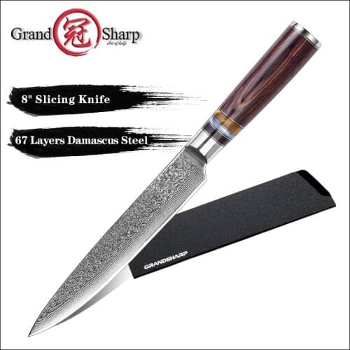 Grandsharp 8'' Slicing Knife Chefs Knife Damascus Knives 67 Layers Japanese Kitchen Knife VG10 Steel Meat Fish Salmon Sashimi