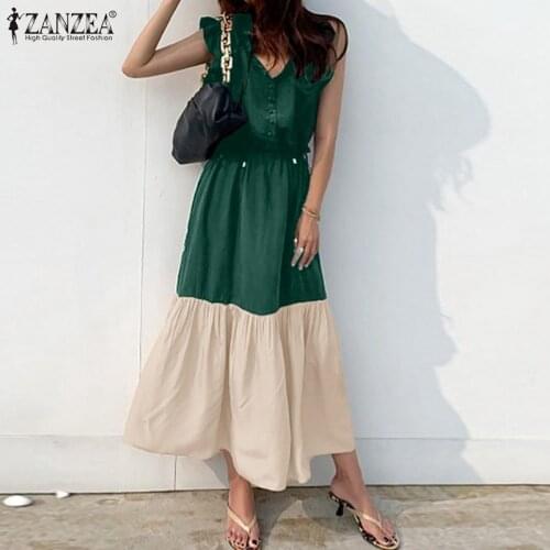 Casual Patchwork Vestidos Womens Sundress Casual Loose Robe Femme Elegant Stylish Dresses 2021 ZANZEA Women Work OL Long Dress