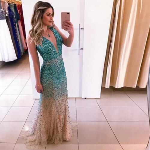 Luxurious Crystal Beading Illusion Mermaid Evening Dresses V Neck Tulle Prom Dress Sequined Long Party Gowns