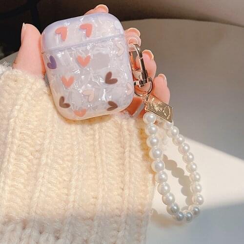 Luxury Heart Glossy Pattern TPU Case for Apple Airpods 1 2 Pro Case Earphone Accessorie Headset Box Cute Pearl Bracelet Keyring