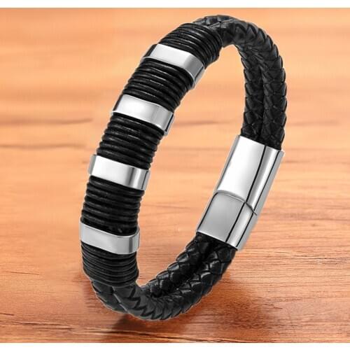 Luxury Fashion Genuine Black Leather Bracelet Bangles Men Magnet Accessories Punk Rock Rope Braided Armbands Wristbands